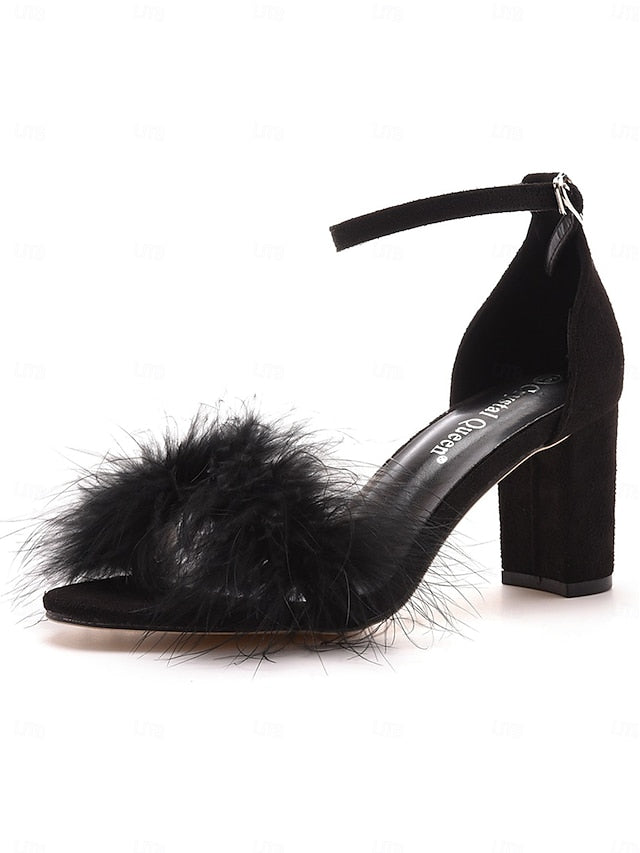 – Heel for Block Wedding Feather-Embellished Women Sandals