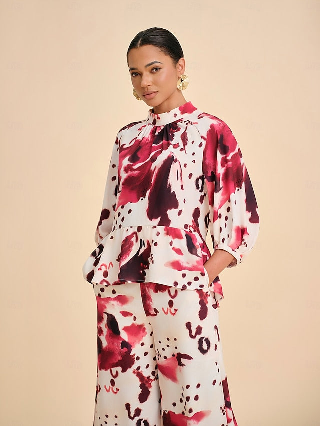 Women's Blouse Wine Abstract Print Standing Collar Casual