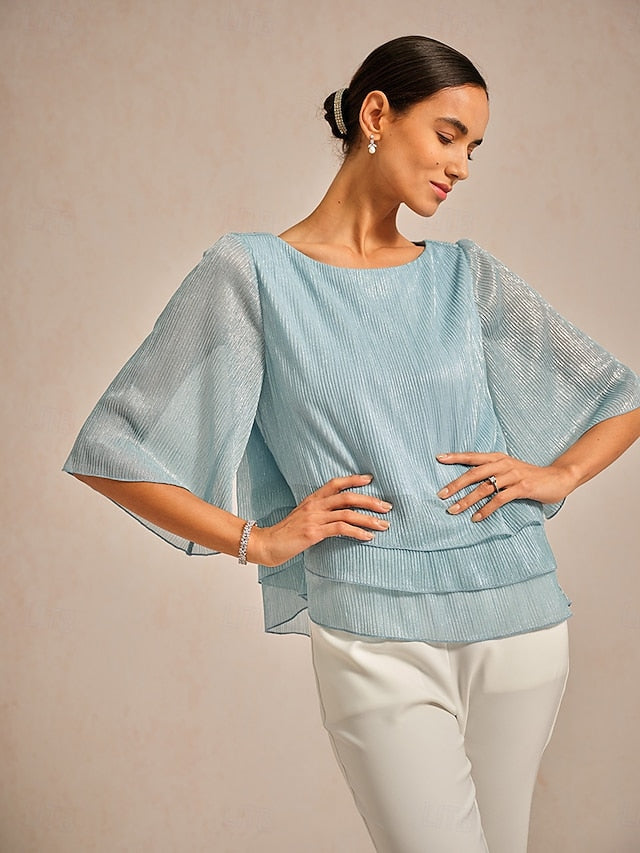 Women's Blouse Chiffon Tops Pleated Layered Metallic