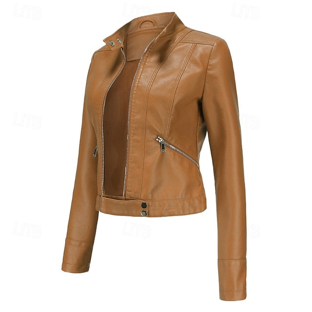 Jacket Pocket Leather Women's Zipper Faux Comfortable