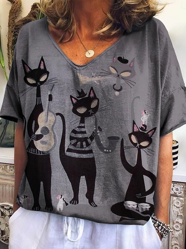 Women's T Shirt Floral Cat Fashion Modern Casual Short