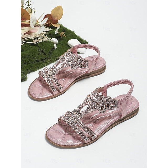 – T-Strap Women's Silver Boho Rhinestone Sandals Flat