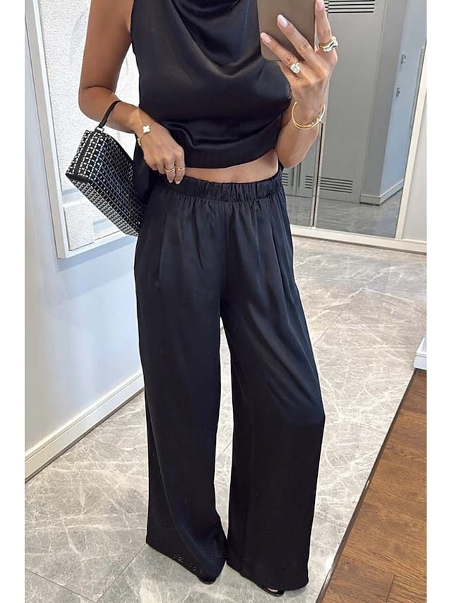 Women's Pants Sets Bolero Top Sleeveless Halter Neck Solid