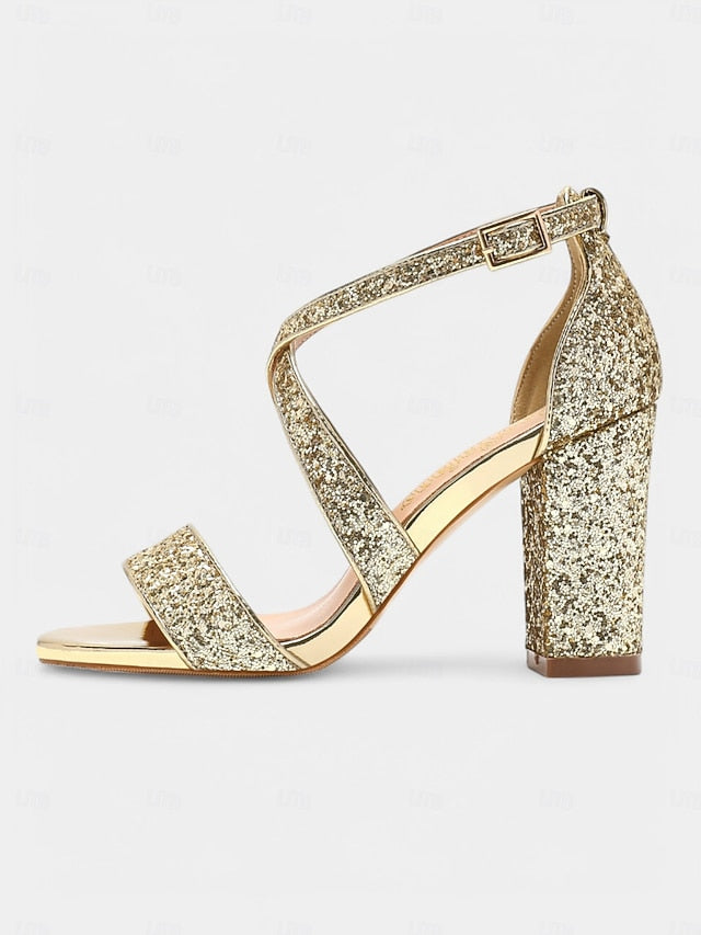 Sandals Block Women's Heel Gold Glitter