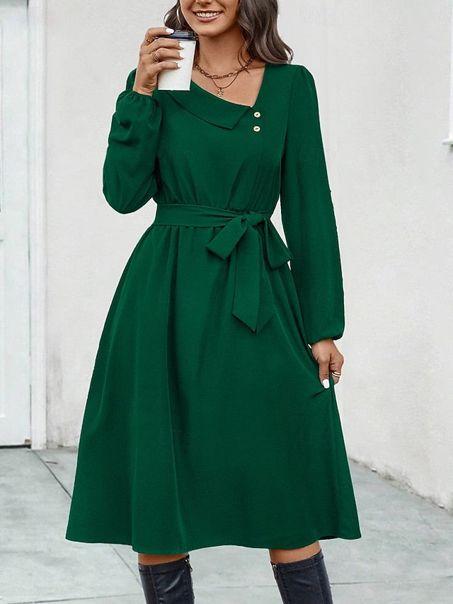 Women's Midi Dress Elegant Dark Green Long Sleeve Belted