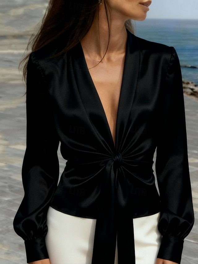 Women's Shirt Blouse Tie Front Plain Stylish Modern Casual