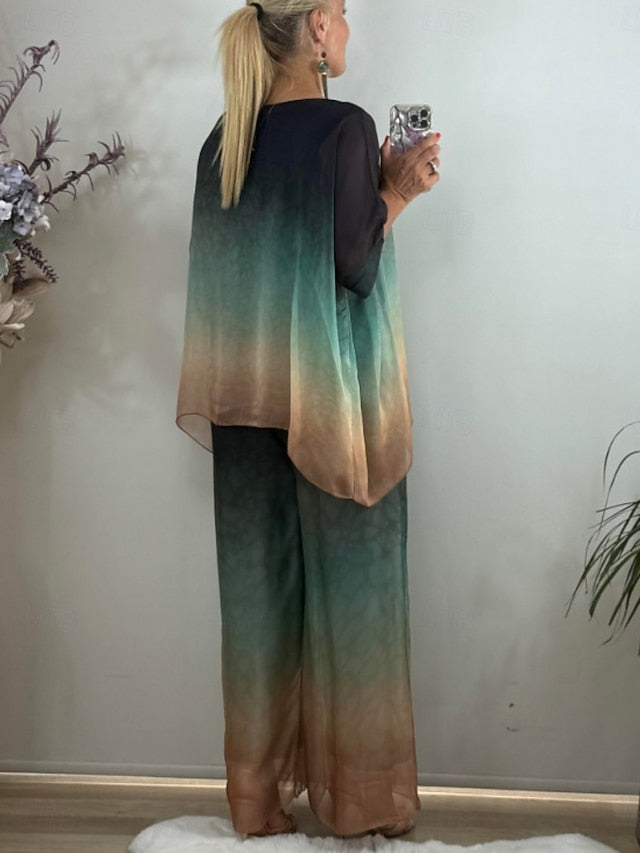 Women's Pants Sets 3/4 Length Sleeve Crew Neck Gradient