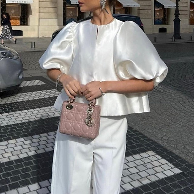 Women's Elegant Dressy Satin Top Blouse Ruched Plain