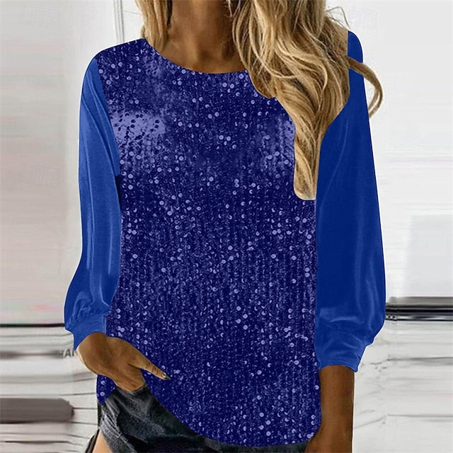 Women's T Shirt Tee Top Sequins Patchwork Solid Color