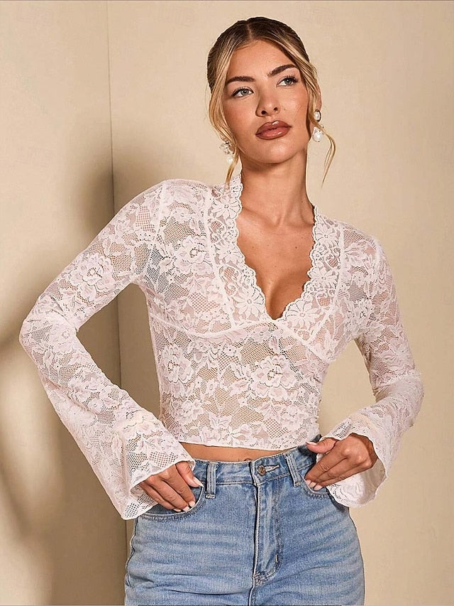 Women's Wrap Crop Top Lace Sexy Long Sleeve V Neck Regular