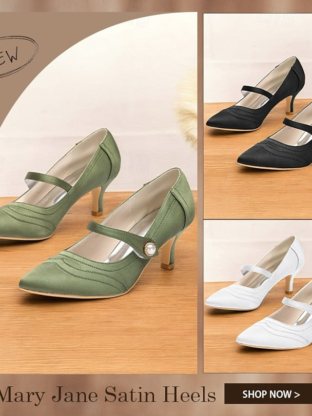 Jane Button Satin - with Heels Pearl Green Mary Elegant