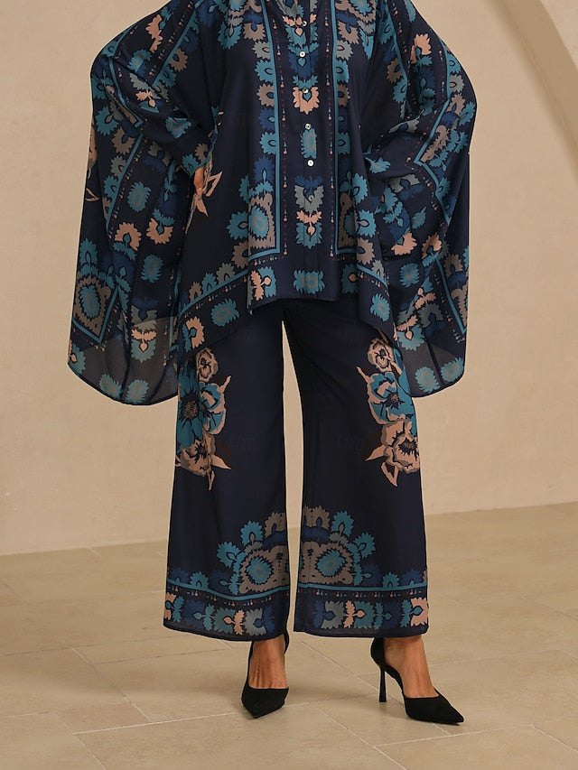 Women's Wide Leg Pants Chiffon Ethnic Floral Hawaiian Print