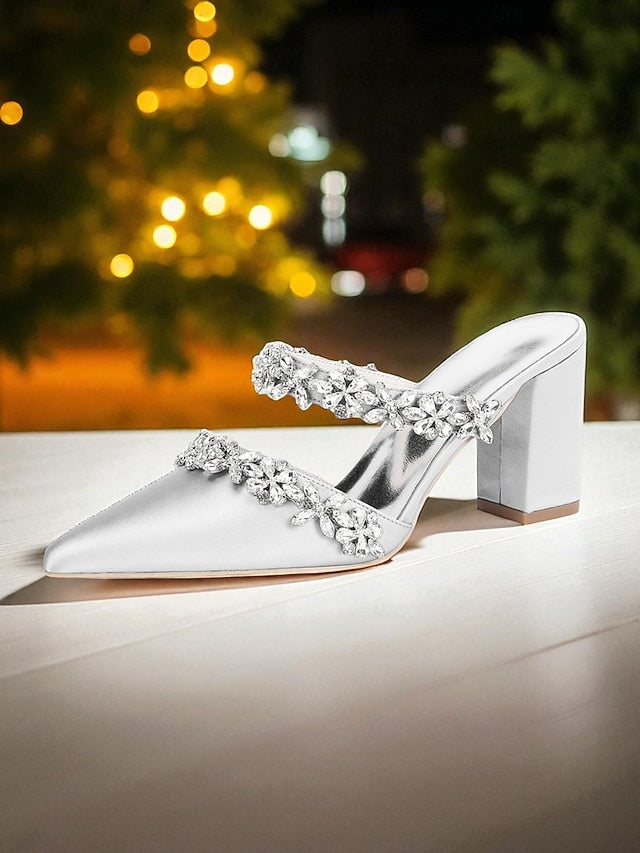Block Heel Floral with Women's Black Mules Satin Rhinestone