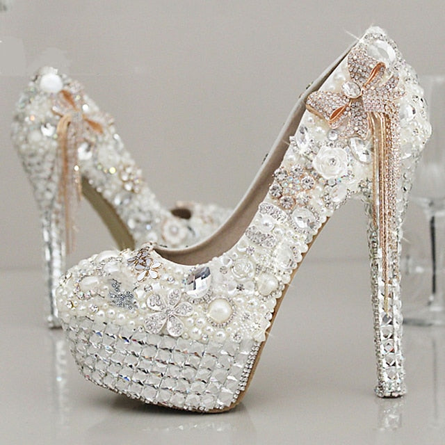 and Platform Rhinestone Women's White Embellished Pearl