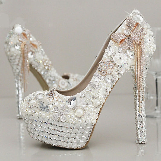 and Platform Rhinestone Women's White Embellished Pearl