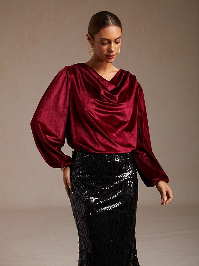 Women's Shirt Velvet Blouse Dressy Tops Elegant Cowl Neck