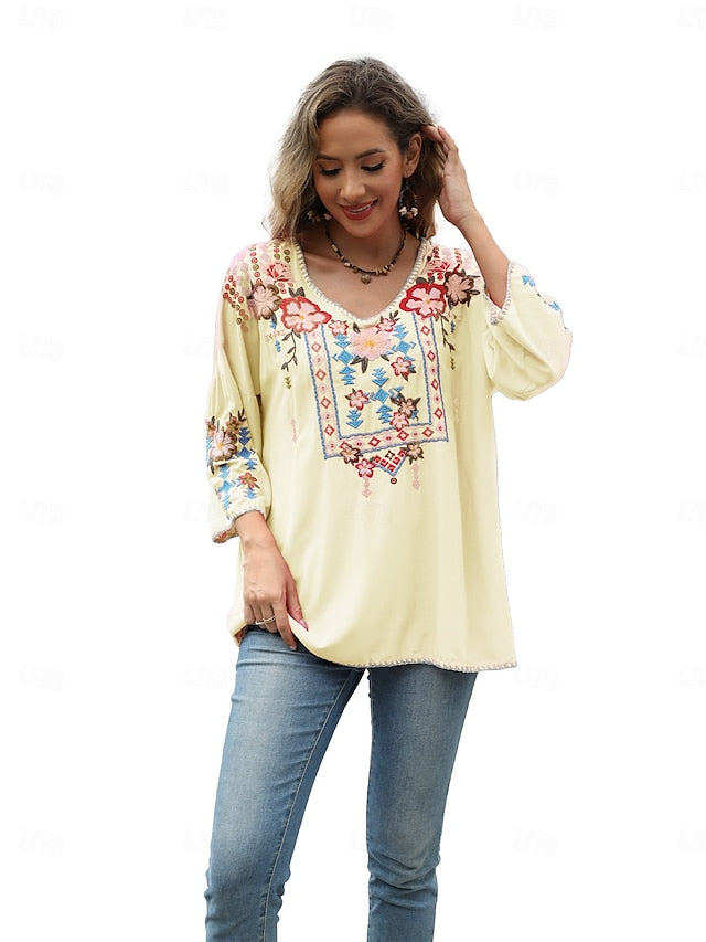 Women's Boho Shirt Embroidered Solid Color Floral Bohemia
