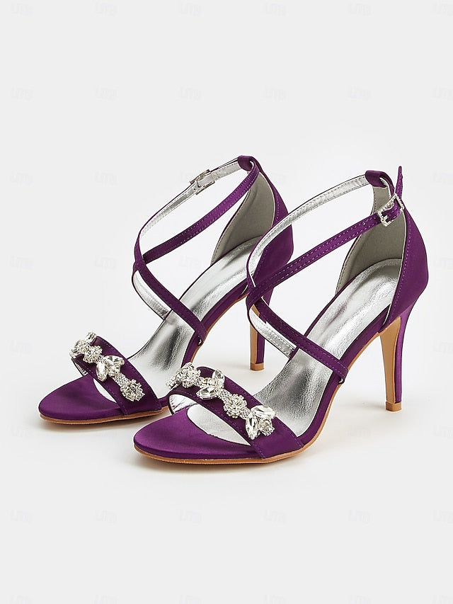 Stiletto Women's Purple Rhinestone Satin Heels Straps with