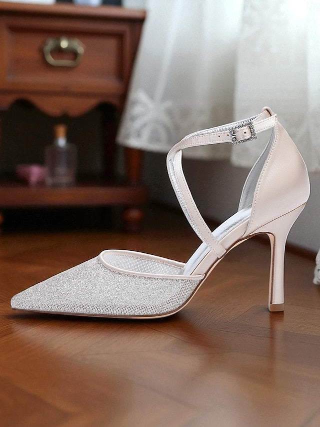 Heels Stiletto Elegant Women's Ankle Silver Strap - Glitter