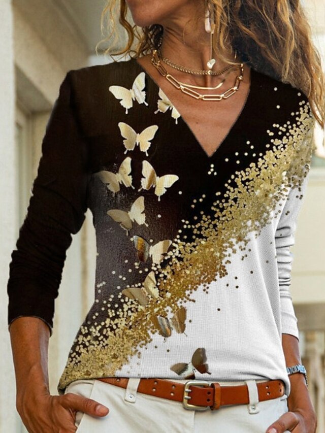 Women's Blouse Print Butterfly Stylish Modern Long Sleeve V