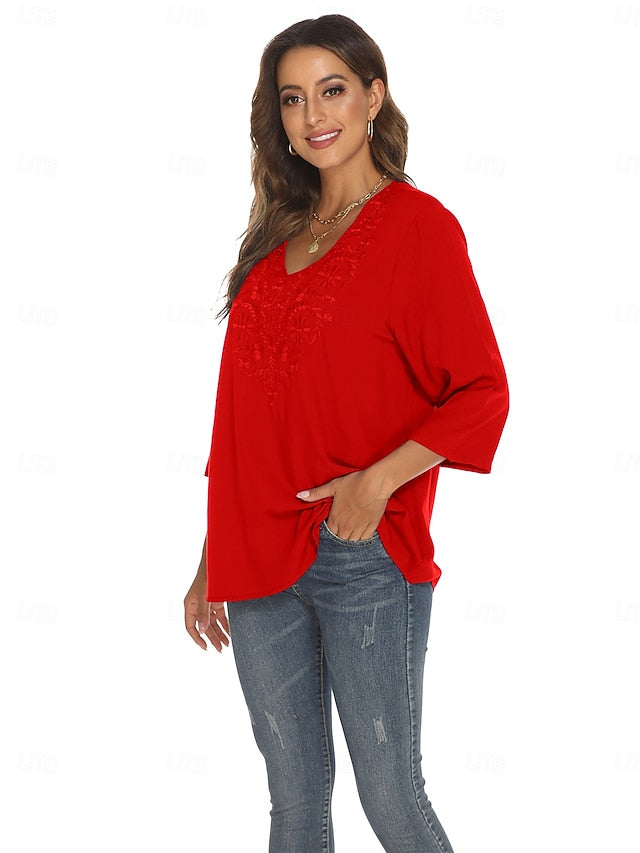 Women's Boho Shirt Embroidered Floral Bohemia Casual 3/4