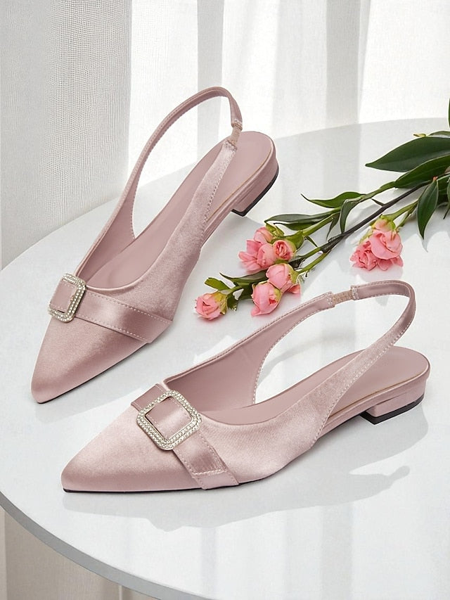Rhinestone Flats Satin Pink with Slingback Buckle Women's