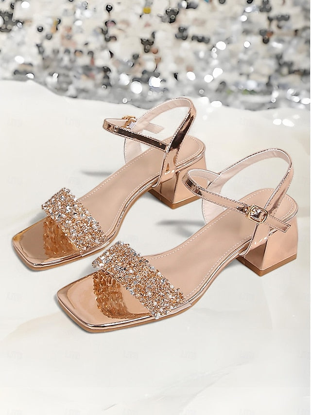 Gold Sandals – Block Women Elegant for Wedding Rhinestone Heel