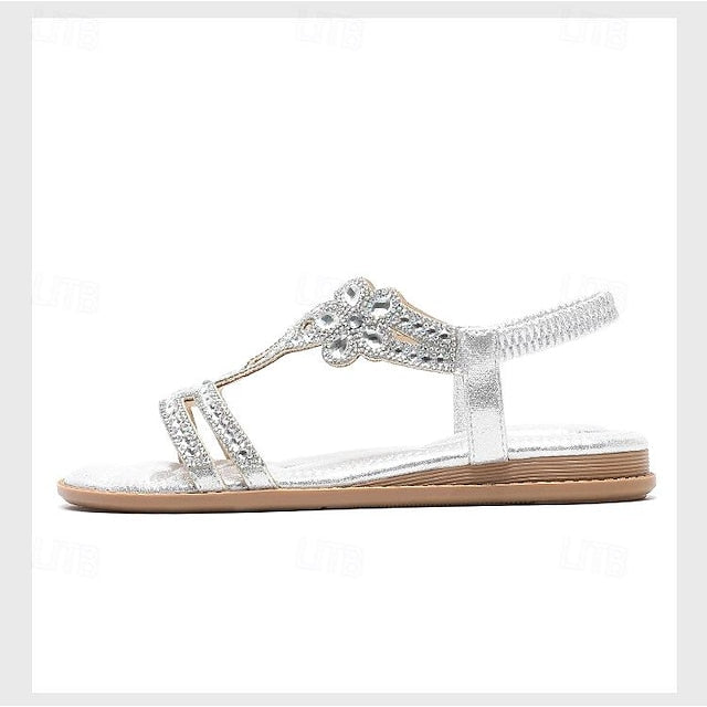 – T-Strap Women's Silver Boho Rhinestone Sandals Flat