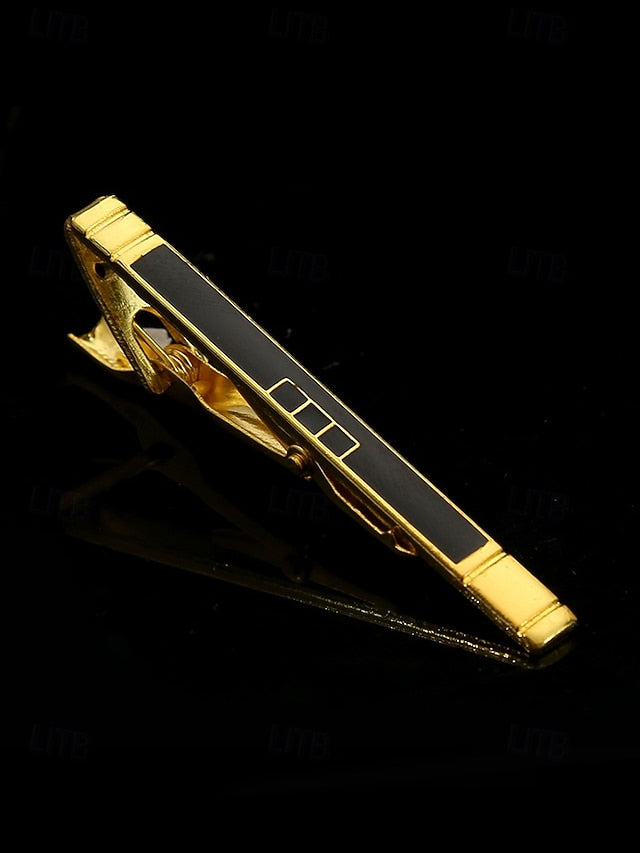 Sleek Men Clip Black Design Gold Tie for with Elegant Inlay –