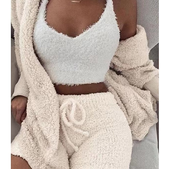 Warm Fuzzy Pajama Set 3PCS Long Sleeve Hooded Robe & Tank