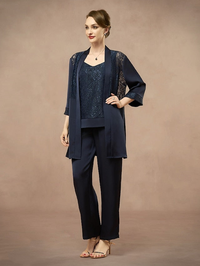 3 Piece Mother of the Bride Pantsuit Metalic Floral Lace