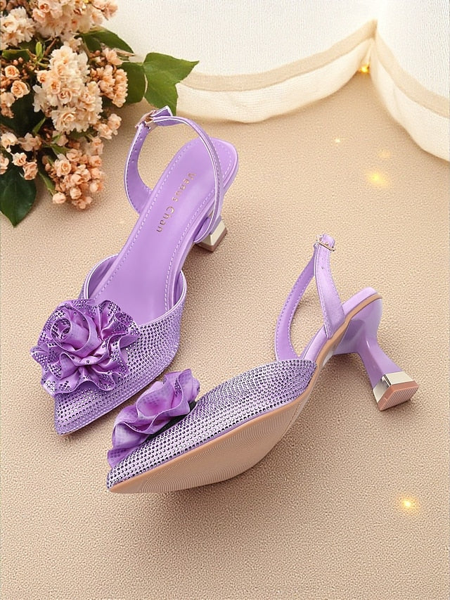 Heels with Slingback Rhinestone Floral Purple Women's