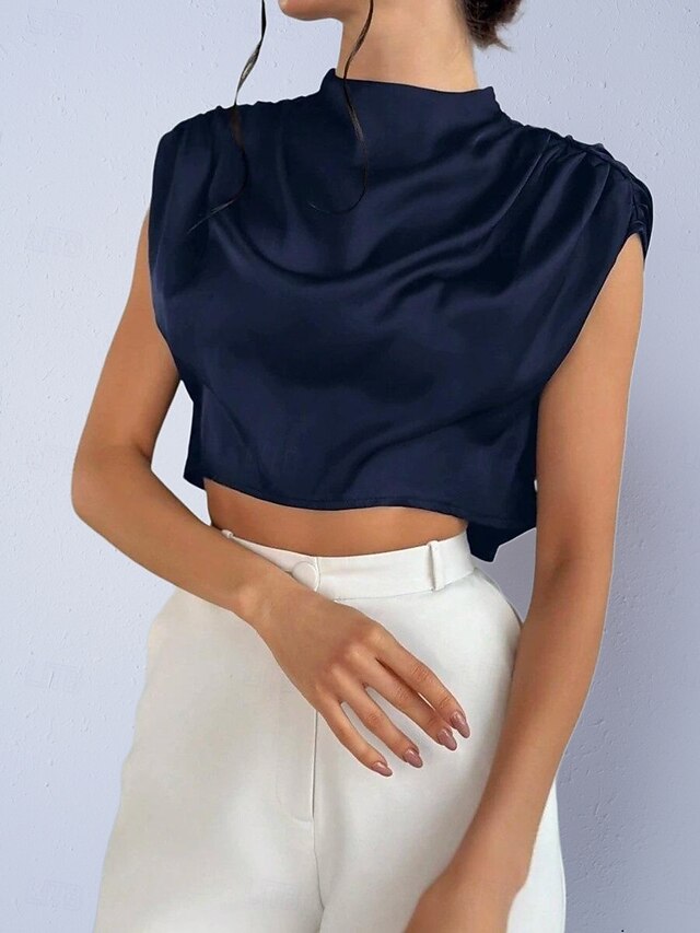 Women's Shirt Satin Shirt Blouse Wrap Crop Top Ruched Plain