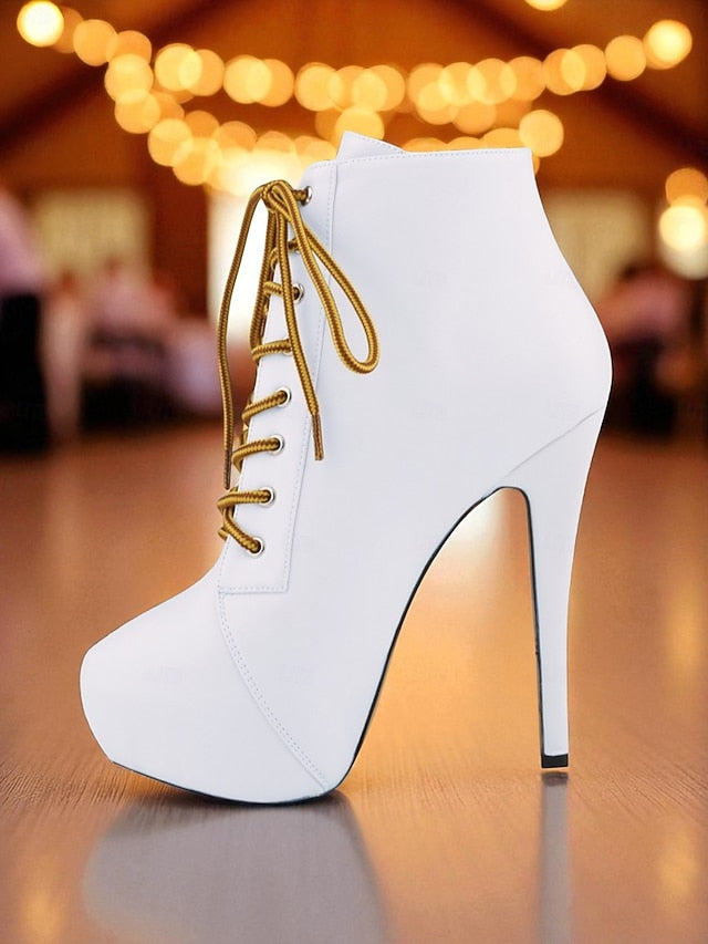 - Ankle Lace-Up Boots Leather Women's Beige Faux Platform