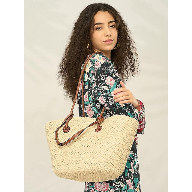 Grand sac fourre-tout chic en paille avec sangles pour femme, style bohème, en cuir