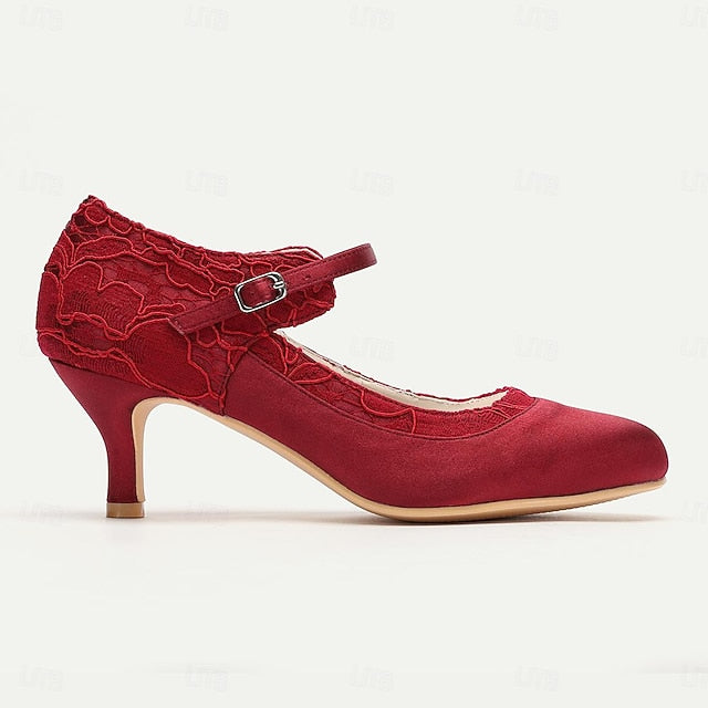 Lace Women's Heels Satin Red Comfortable - Mid-Heel Elegant