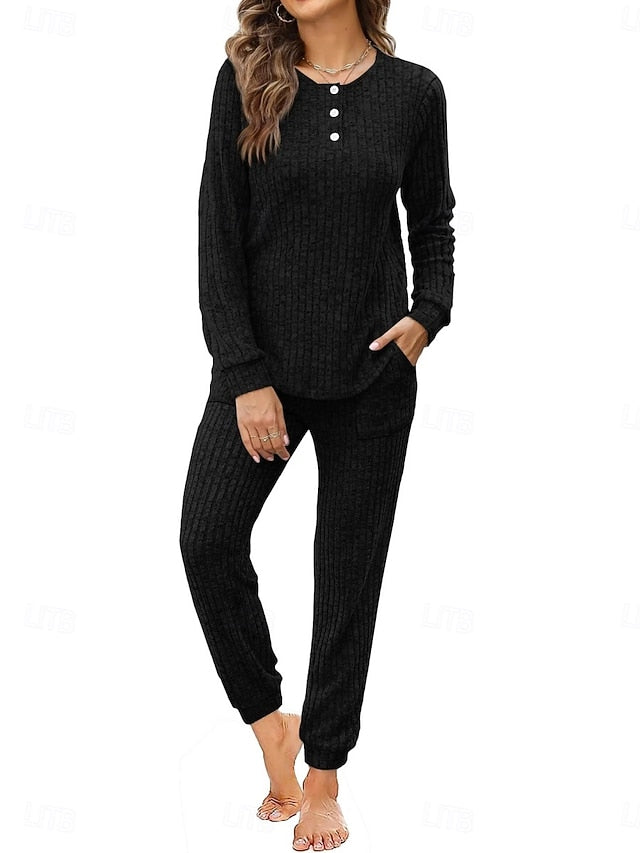 Women's Pants Sets Long Sleeve Crew Neck Solid Color