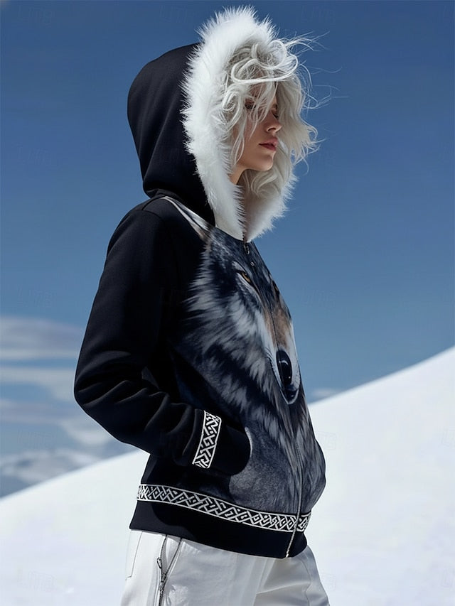 Women's Viking Zip Up Hoodies Graphic Animal Vintage Casual