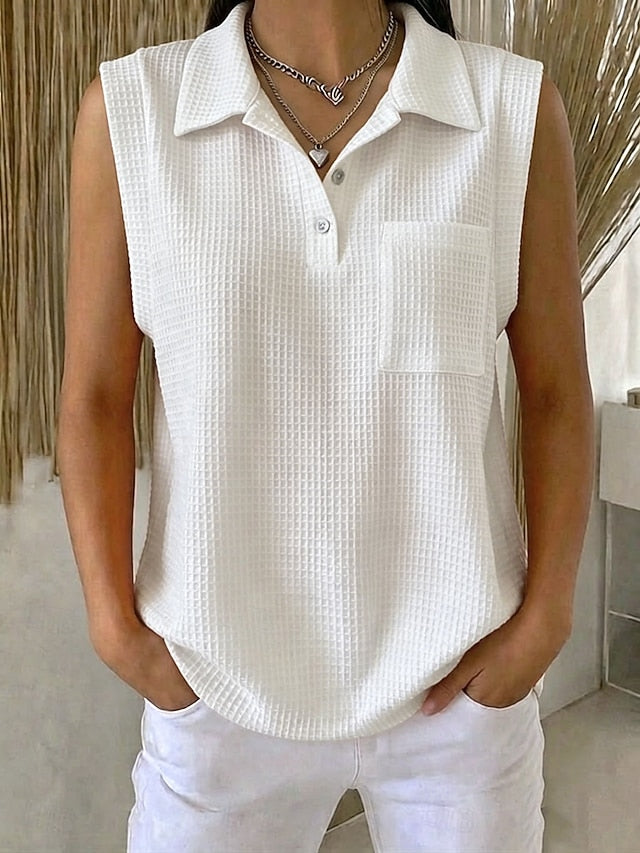 Women's Waffle Tank Top Polo Shirts Tee Pocket Stylish