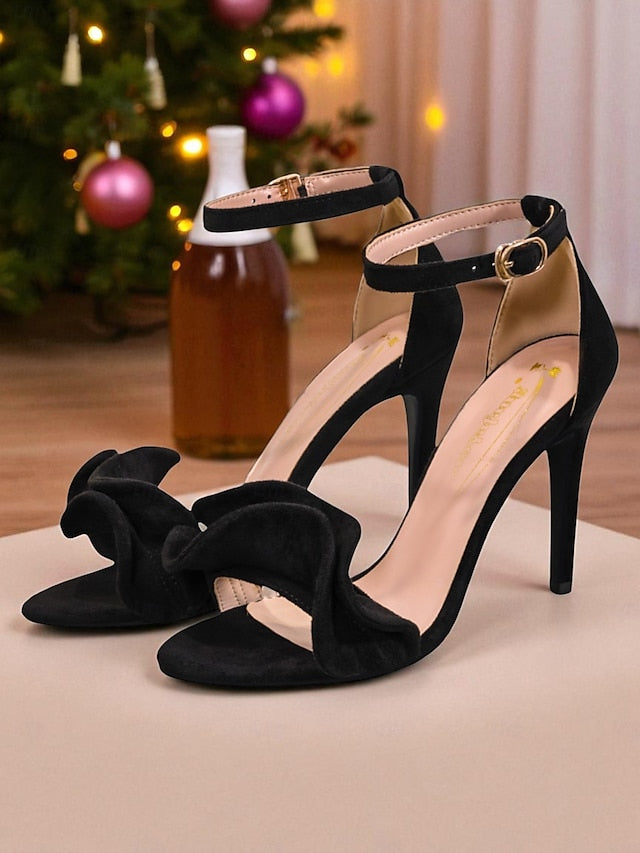 Sandals Heel Ankle Elegant High Strap Velvet Red Women's -