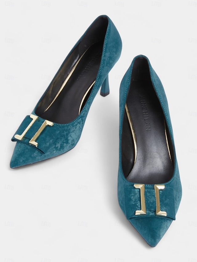 Heel Pointed Pumps Toe Elegant Teal Kitten Velvet Women's -