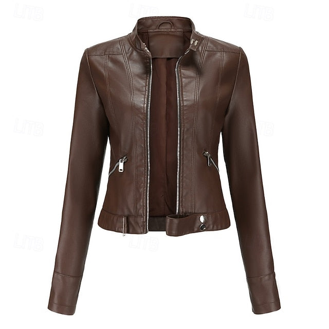 Jacket Pocket Leather Women's Zipper Faux Comfortable