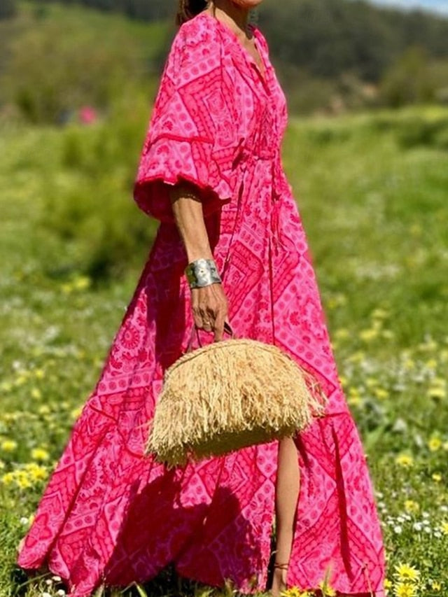 Women's Color Block V Neck Maxi Dress 3/4 Length Sleeve