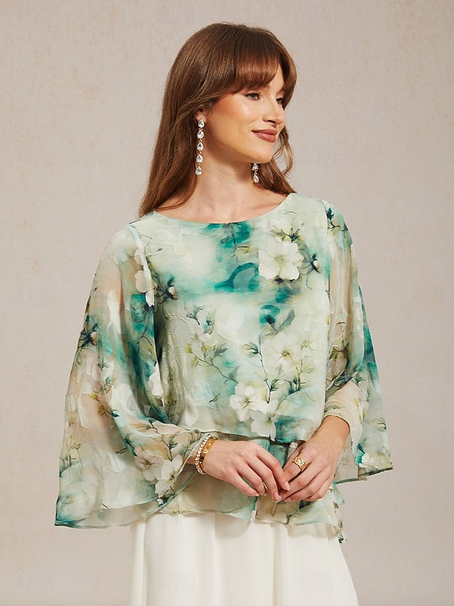 Women's Chiffon Tops Lace up Floral Elegant 3/4 Length