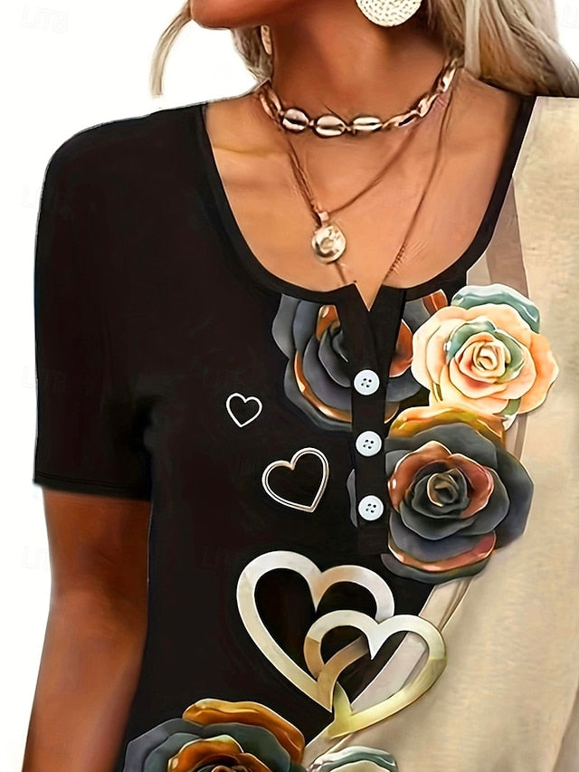 Women's T Shirt Casual Ombre Floral Buttons Short Sleeve