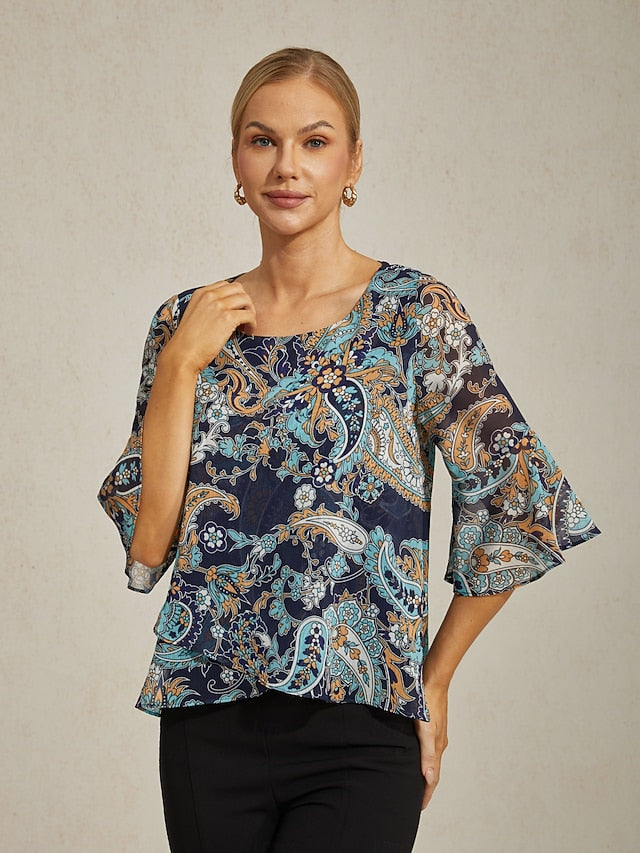 Women's Female Paisley Casual Blue Paisley 3/4 Sleeve