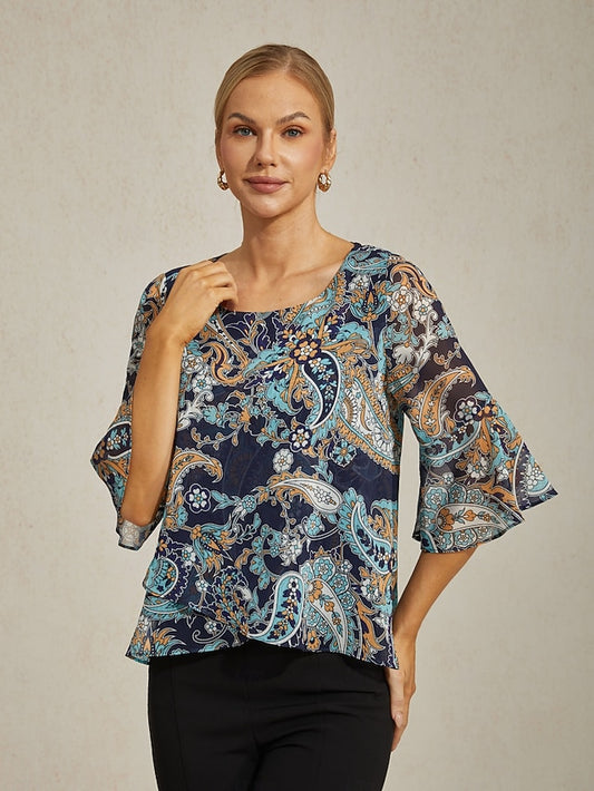 Women's Female Paisley Casual Blue Paisley 3/4 Sleeve