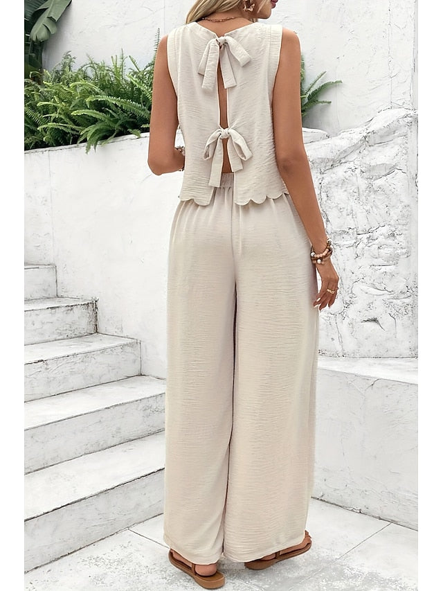 Women's Blouse Pants Sets Sleeveless Crew Neck Solid Color
