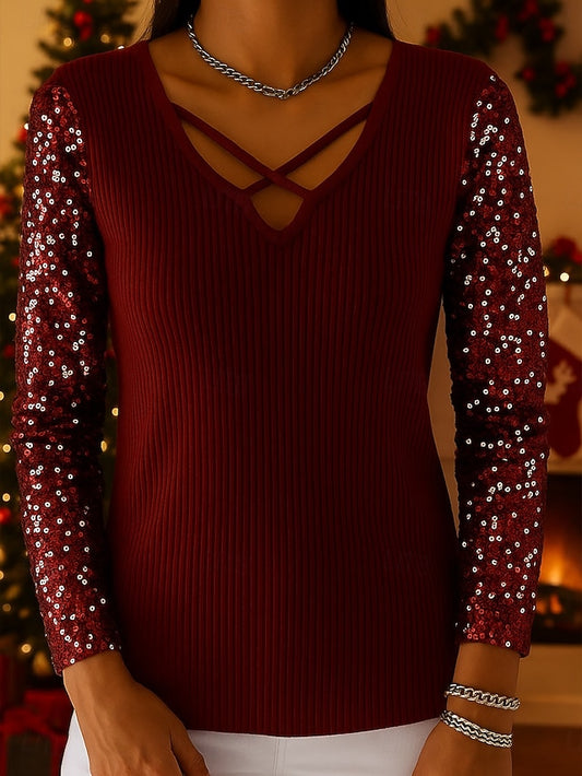 New Year Women's Sequin Tops Elegant Party Long Sleeve V