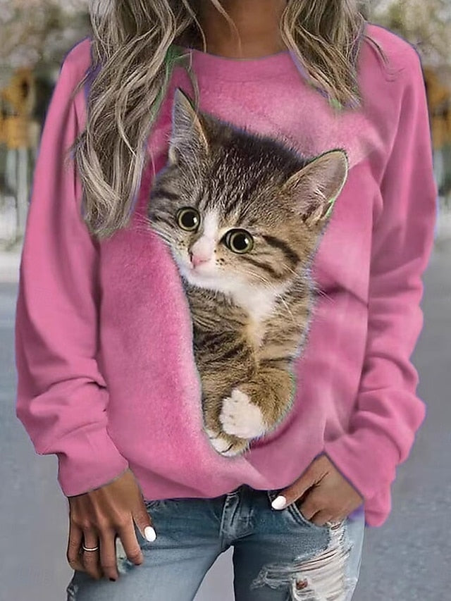 Women's Pullover Sweatshirt Graphic Animal Cat Casual Long